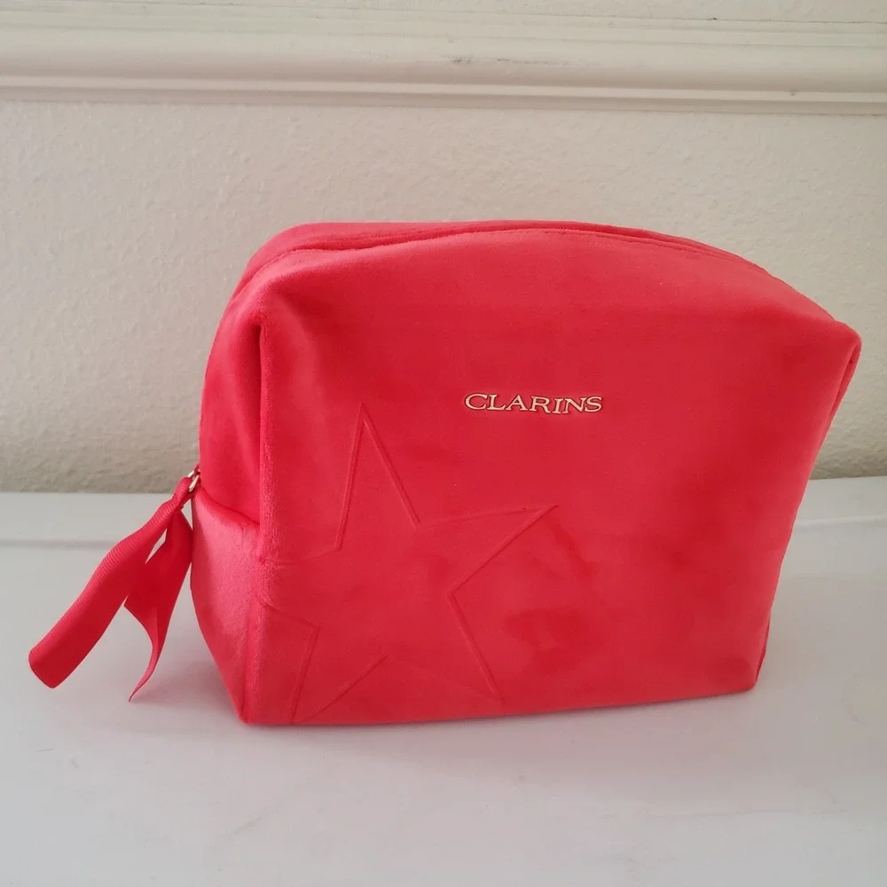Clarins Red Velvet Star Embossed Makeup Bag Eco Friendly Recycled Pouch
